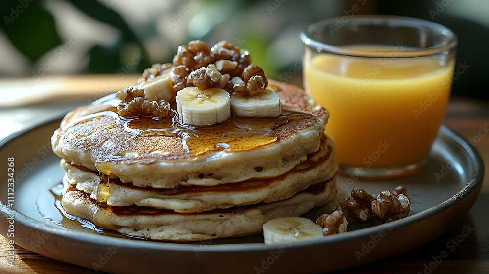 A stack of fluffy pancakes topped with banana slices, walnuts, and golden syrup on a wooden plate A stack of fluffy pancakes topped with banana slices, walnuts, and golden syrup on a wooden plate