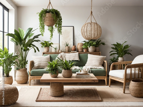 Living Room with Plants and Woven Decor Accents