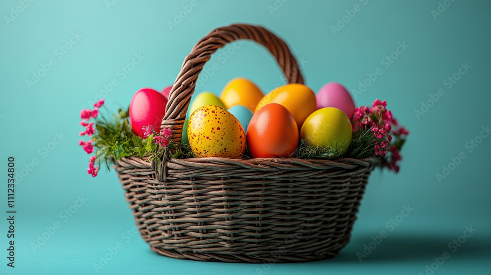 Colorful Easter Eggs in a Woven Basket Surrounded by Fresh Flowers on a Bright Blue Background Colorful Easter Eggs in a Woven Basket Surrounded by Fresh Flowers on a Bright Blue Background