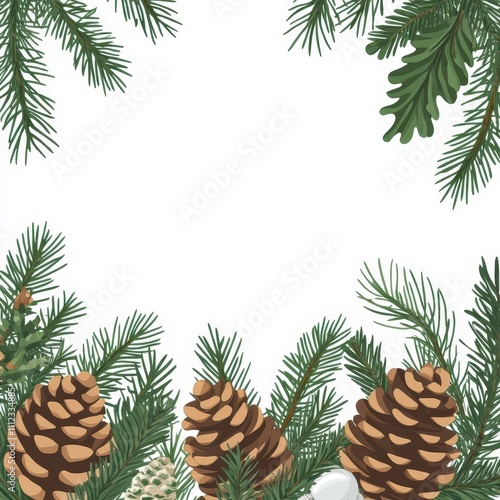 Christmas forest border, fir twigs and pine cones, flat design illustration