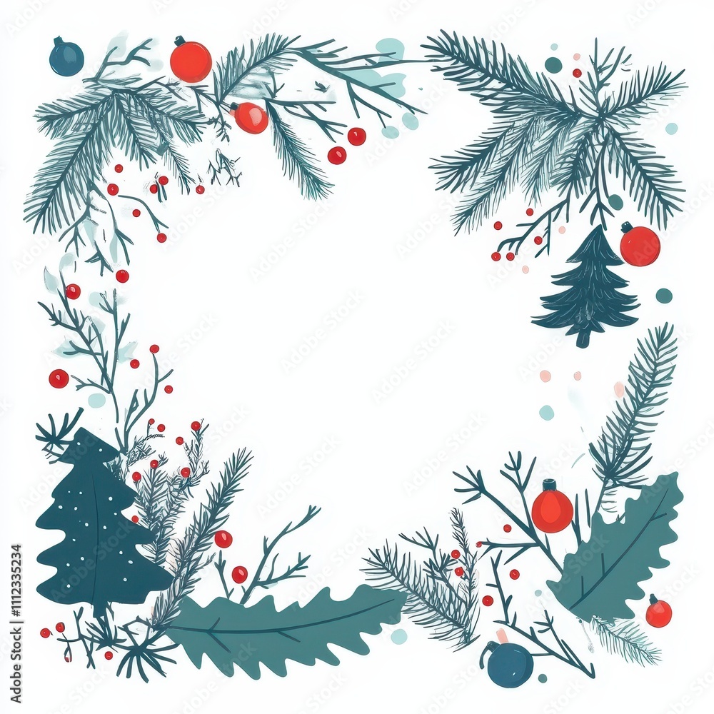 Christmas frame, white background with forest elements, flat design illustration Christmas frame, white background with forest elements, flat design illustration
