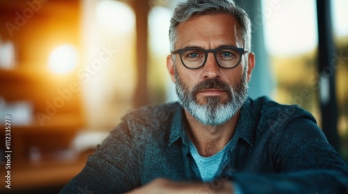 A man deep in thought sits indoors, exuding an aura of seriousness and wisdom. With glasses perched on his nose, he reflects a sense of knowledge and calmness.