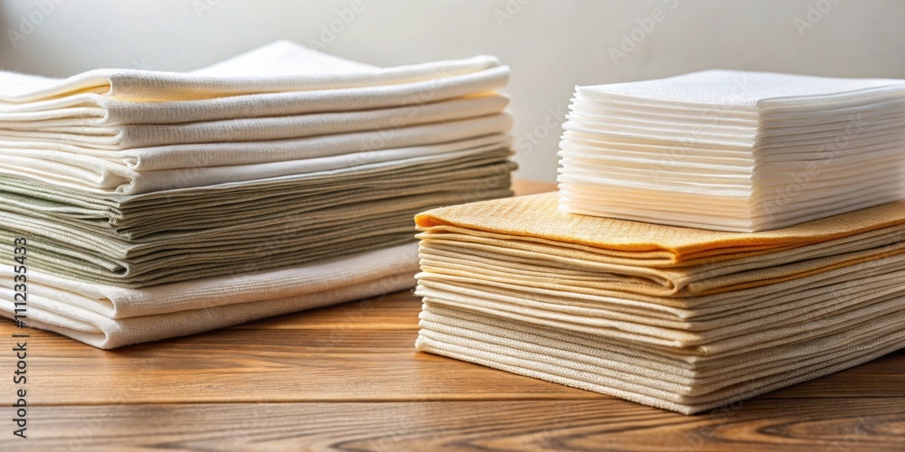 A close-up image of paper napkins and towels stacked neatly , paper, napkins, towels, disposable, white, clean A close-up image of paper napkins and towels stacked neatly , paper, napkins, towels, disposable, white, clean