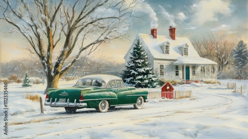 Wallpaper Mural A charming vintage Christmas postcard, beautifully displayed on a white background. Torontodigital.ca