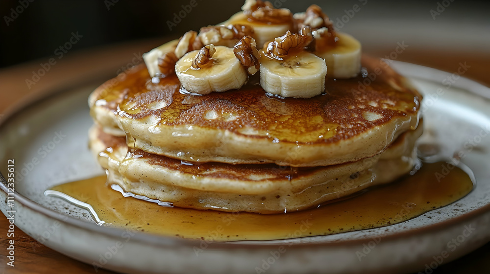 A stack of fluffy pancakes topped with banana slices, walnuts, and golden syrup on a wooden plate A stack of fluffy pancakes topped with banana slices, walnuts, and golden syrup on a wooden plate