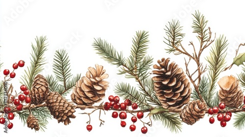 Decorative forest-inspired border art with Christmas elements, including pine cones and red berries, white background