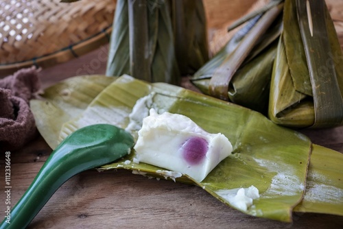 Steamed Coconut Custard with Sweet Coconut Filling, Thai dessert	