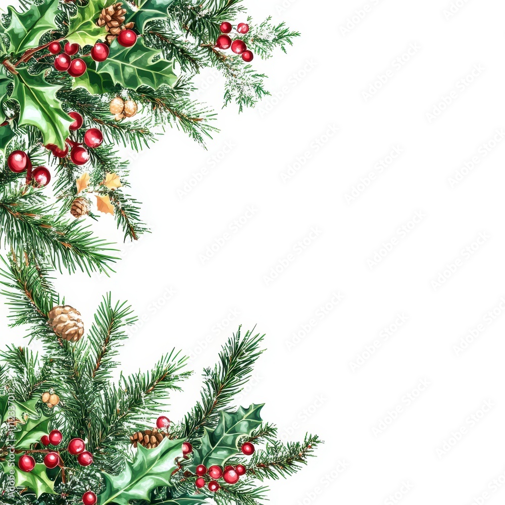Merry Christmas nature border, fir and holly, detailed seasonal design, white backdrop. Merry Christmas nature border, fir and holly, detailed seasonal design, white backdrop.