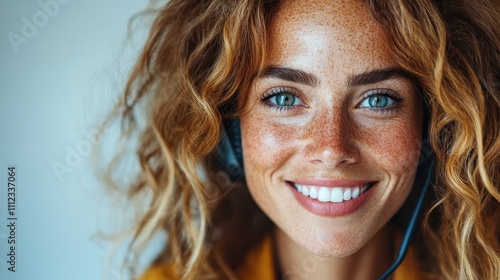 A close-up portrait of a woman with bright blue eyes and freckles, wearing headphones, smiling joyfully as she listens to her favorite tunes.