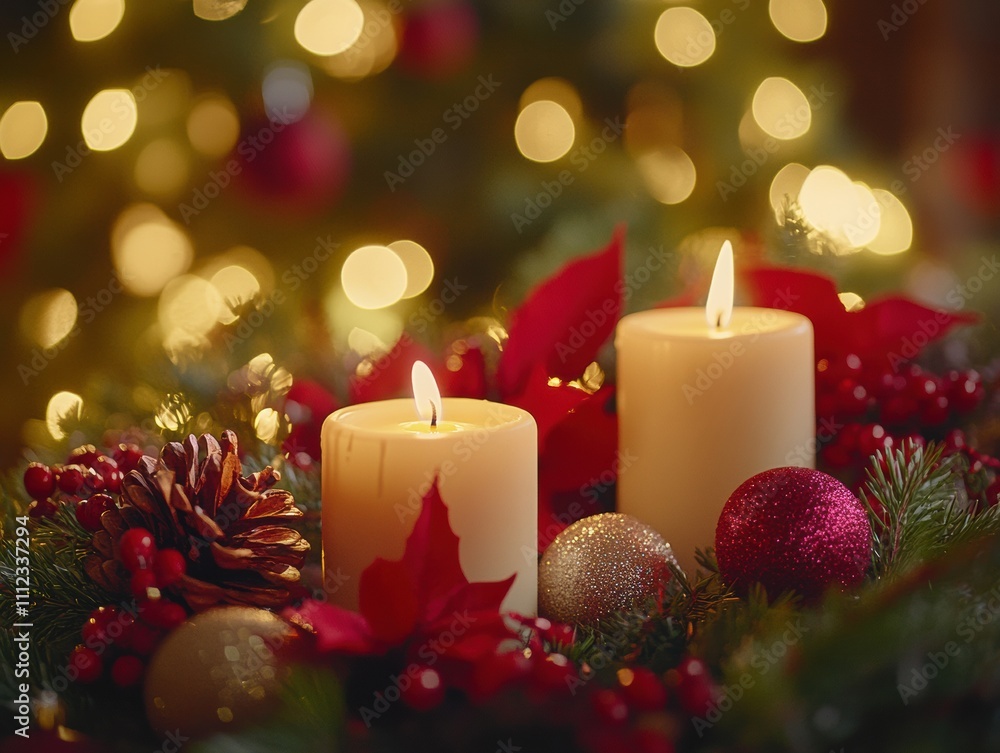 Candlelit Christmas scene with decorations and warm bokeh background. Candlelit Christmas scene with decorations and warm bokeh background.