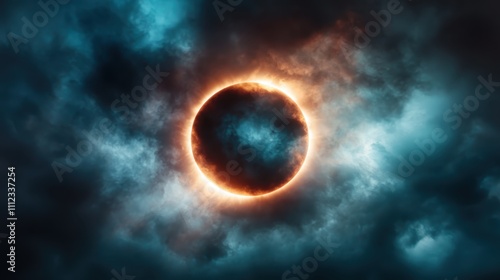 A beautifully eclipsed sun radiates its fiery brilliance through a stormy sky, emphasizing celestial elegance and nature's awe-inspiring power and beauty.