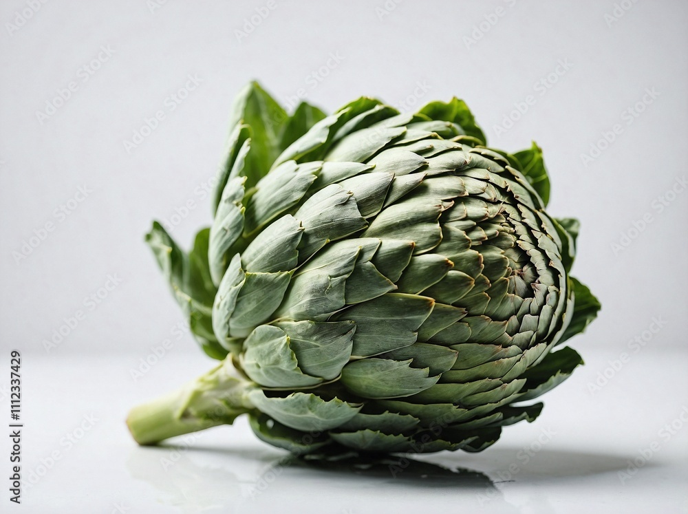 Obraz premium A close-up of a single artichoke placed slightly tilted on an isolated white background.