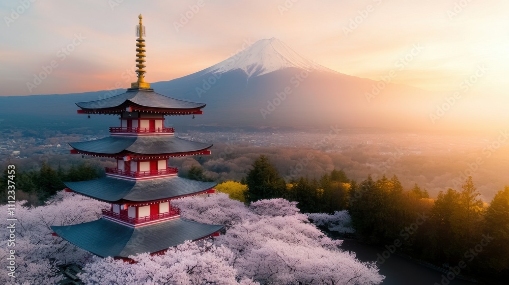 Obraz premium Beautiful Aerial View of Chureito Pagoda and Cherry Blossoms