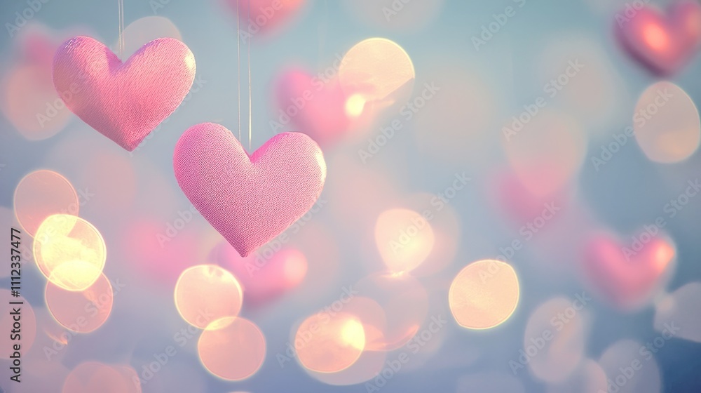Fototapeta premium Dreamy Floating Pink Hearts in Soft Romantic Bokeh Background