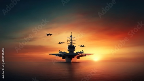 Aircraft Carrier Operations at Sunset Over the Ocean