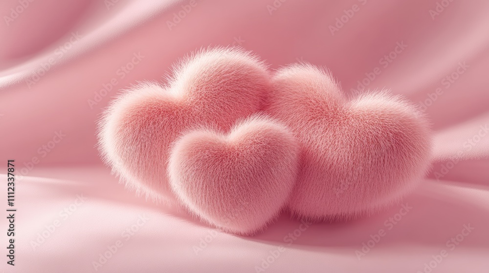 Fototapeta premium Fluffy pink hearts on soft fabric, perfect for love and romance themes.