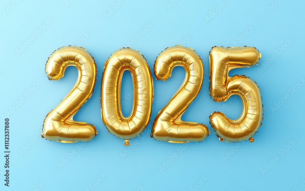 Golden balloon numbers representing the year 2025 on a blue background. Golden balloon numbers representing the year 2025 on a blue background.