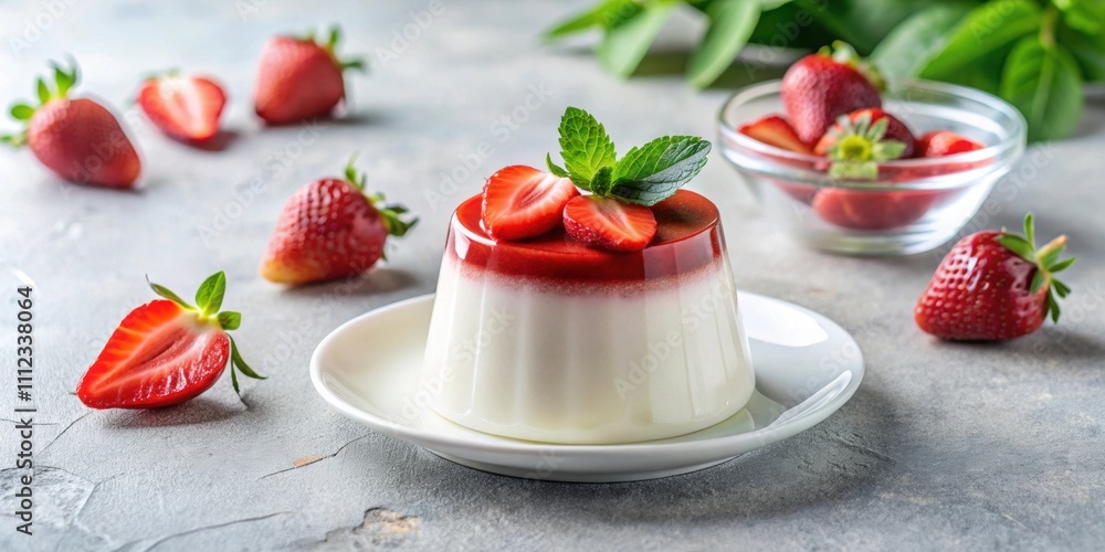 Panna cotta Italian dessert with fresh strawberries on a light background, panna cotta, Italian dessert, strawberries, cream Panna cotta Italian dessert with fresh strawberries on a light background, panna cotta, Italian dessert, strawberries, cream