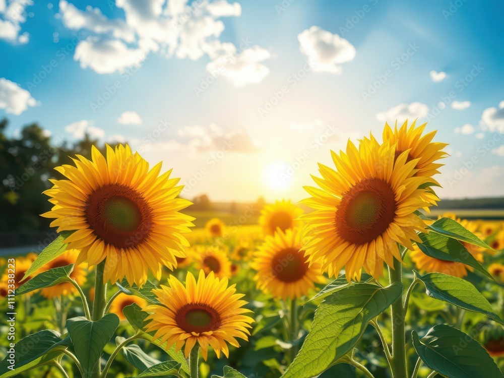 Fototapeta premium Vibrant summer landscape with sunflowers and sun rays, petals, peaceful
