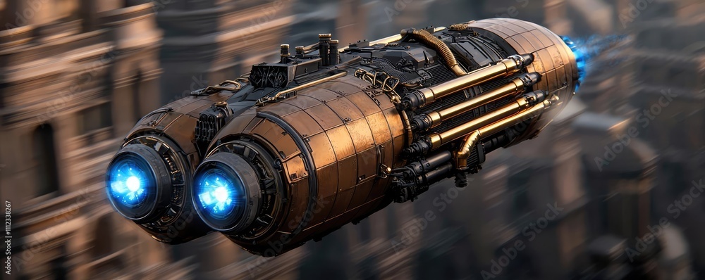 Fototapeta premium Futuristic spacecraft with glowing engines flying above a cityscape.