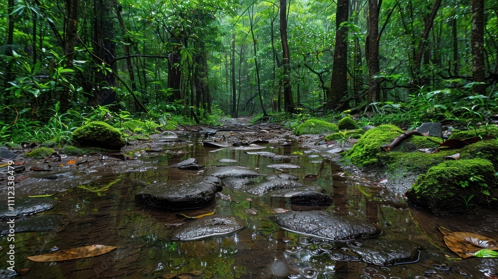 Obraz premium Enchanting forest pathway with a flowing stream and mossy rocks creating a serene picturesque landscape The verdant lush foliage and towering trees create a dreamlike fairytale like atmosphere