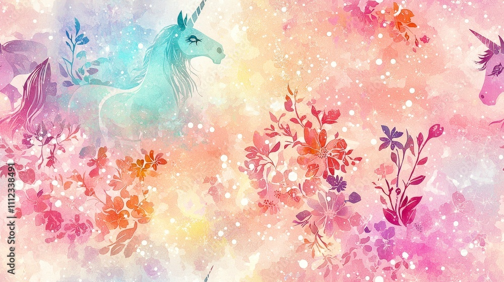 Fototapeta premium Enchanting Watercolor Unicorn Floral Pattern in Soft Pastel Hues