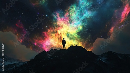 Silhouetted figure standing on mountain peak gazing at vibrant nebula in starlit night sky.