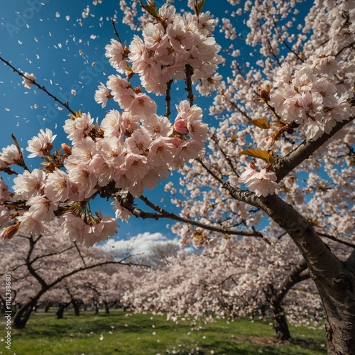A cherry blossom tree shedding petals on a windy spring day.