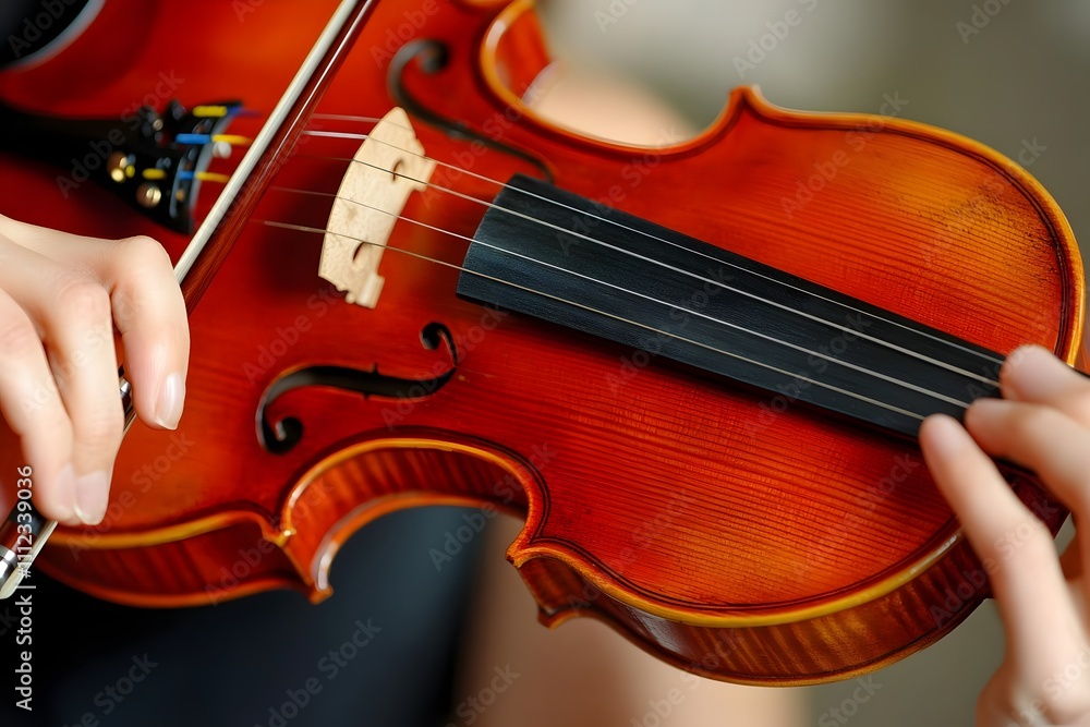 Fototapeta premium Close-up of hands playing a violin, showcasing craftsmanship and musical expression.