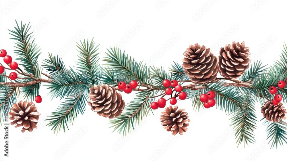 A vector art holiday banner with fir twigs, pine cones, and vibrant red berries, on a crisp white background A vector art holiday banner with fir twigs, pine cones, and vibrant red berries, on a crisp white background