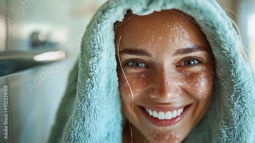 A woman wrapped in a cozy towel smiles brightly, skin glistening with water droplets, capturing a moment of warmth, freshness, and post-shower delight. photo