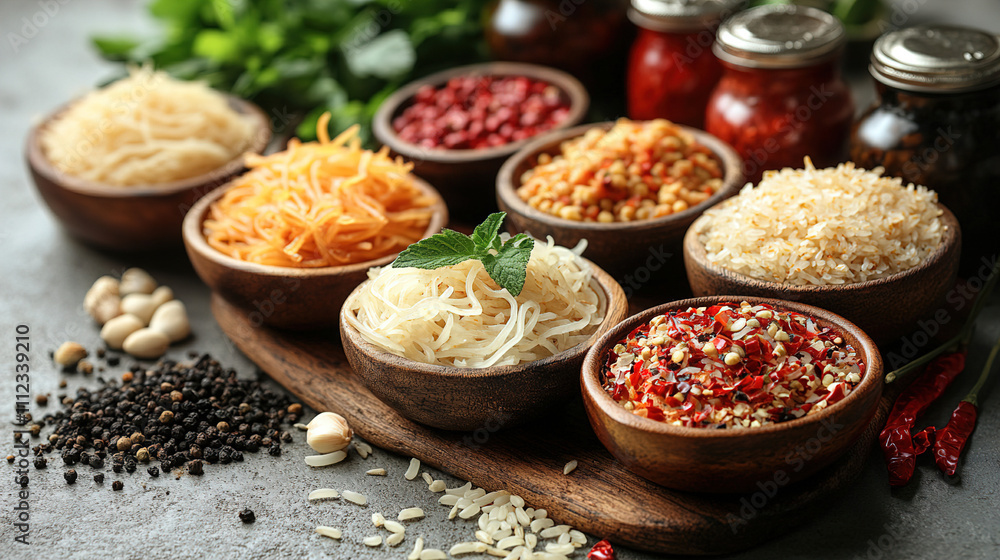 Colorful selection of spices and herbs arranged in bowls on a rustic table in a culinary setting. Generative AI Colorful selection of spices and herbs arranged in bowls on a rustic table in a culinary setting. Generative AI