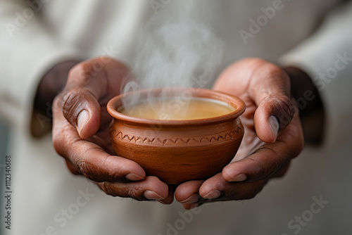 A Person holding a Steaming Hot milk tea or chai in traditional kulhad or clay pot or earthen cup photo