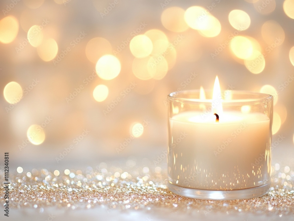 A glowing candle in a glass holder, surrounded by soft, shimmering lights. A glowing candle in a glass holder, surrounded by soft, shimmering lights.