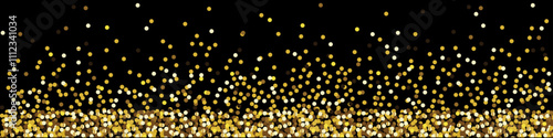 gold sequins on a black background in a horizontal format. a golden glitter frames the bottom edge. a graphic element of the background, festive design. stock vector illustration. EPS 10.