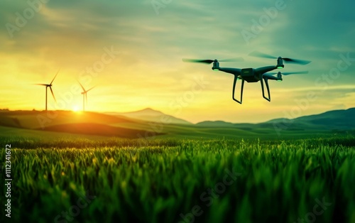 A drone flies over a green field at sunset, with wind turbines in the background against a colorful sky.