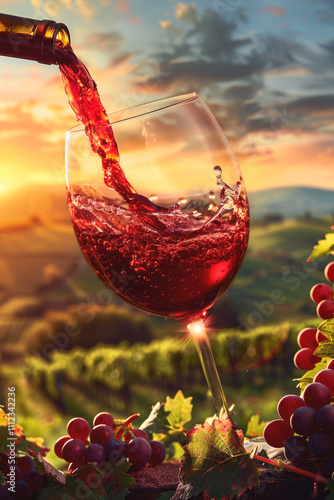 glass of wine against the backdrop of vineyards Generative AI