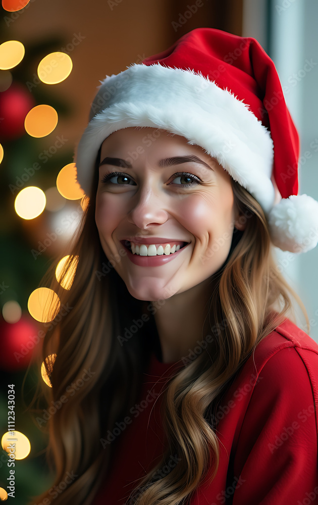 Woman with radiant smile and Santa hat captures the essence of warm holiday spirit in joyful Christmas scenes._00001_ Woman with radiant smile and Santa hat captures the essence of warm holiday spirit in joyful Christmas scenes._00001_