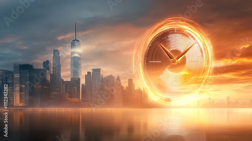 A ceasefire agreement bringing peace and resolution to the conflict. Urban skyline with futuristic clock concept at sunset over river reflection photo