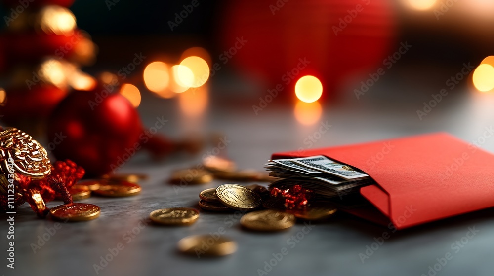 Red envelope with money and gold coins, festive bokeh background. Red envelope with money and gold coins, festive bokeh background.