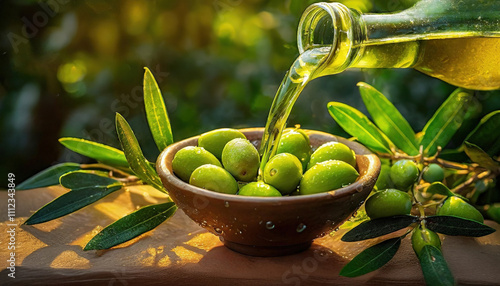 A rustic scene of fresh green olives in a ceramic bowl with golden olive oil being poured, representing healthy living and Mediterranean culture photo