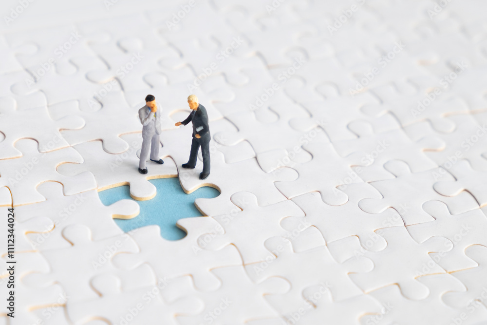 Miniature people looking for a jigsaw puzzle solution to a missing piece problem. Miniature people looking for a jigsaw puzzle solution to a missing piece problem.