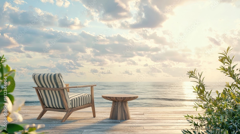 Peaceful Coastal Patio with Striped Wooden Armchair Overlooking the Ocean Peaceful Coastal Patio with Striped Wooden Armchair Overlooking the Ocean