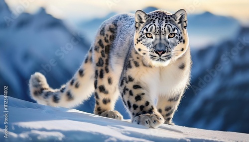 A snow leopard walking on a snowy mountain in winter, capturing its strength and majestic presence in the wild