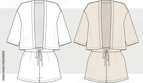 Oversize cotton Drop Shoulder Cardigan kimono and mini short set suit drawing. Fashion Illustration, Vector, CAD, Technical Drawing, Flat Drawing, Template, Mockup.