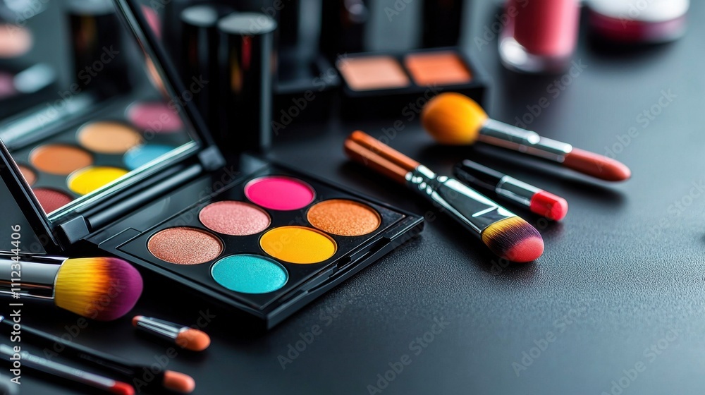 Vibrant Makeup Workstation with Cosmetics and Tools Vibrant Makeup Workstation with Cosmetics and Tools