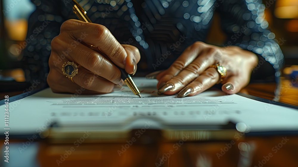 Close up, two unrecognizable businesswomen, customer and sales manager sit at desk, agent and client making commercial deal in moment of signing formal document Close up, two unrecognizable businesswomen, customer and sales manager sit at desk, agent and client making commercial deal in moment of signing formal document