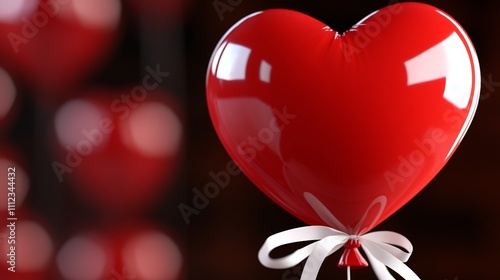 Red heart-shaped balloon with white ribbon. photo