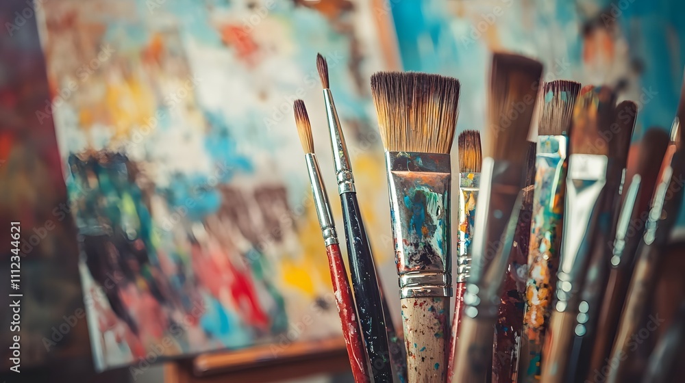 Obraz premium A collection of paintbrushes in an artist's studio, with a colorful canvas in the background.