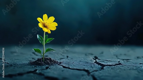 Fototapeta Naklejka Na Ścianę i Meble -  A small yellow flower is growing in a crack in the ground